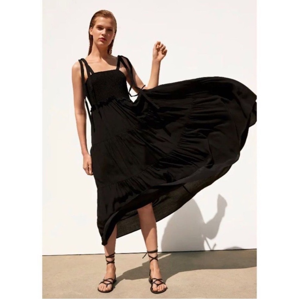 Zara smocked tie shoulder strappy tiered maxi midi dress black ruffle trim small